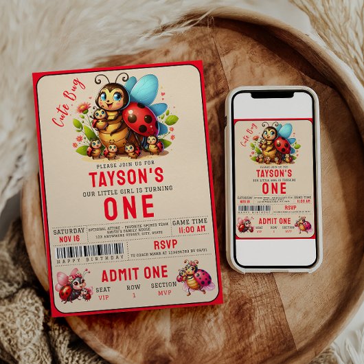 Cute Ladybug 1st Birthday Party  招待状