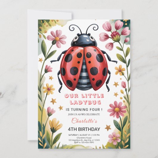 Cute Ladybug 4th Birthday Party 招待状 (正面)
