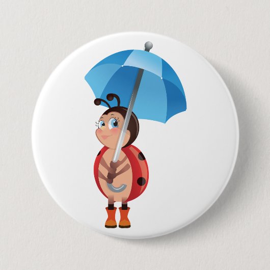 Cute Ladybug Blue Umbrella Rain Boots 缶バッジ (正面)