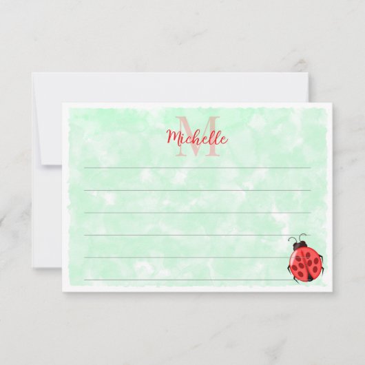 Cute Ladybug Green Watercolor Lined Monogram ノートカード (正面)