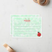 Cute Ladybug Green Watercolor Lined Monogram ノートカード (正面/裏面インサイチュ)
