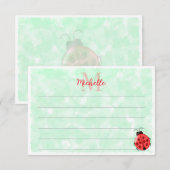 Cute Ladybug Green Watercolor Lined Monogram ノートカード (正面/裏面)