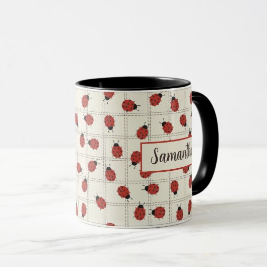 Cute ladybug pattern & Custom Name on Cream White マグカップ (正面右)