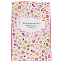 Cute Ladybug Pink Girl Baby Shower ミディアムペーパーバッグ