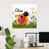 Cute Ladybug Wildflowers Girl's Name ポスター (ホームオフィス)
