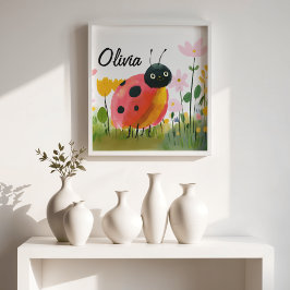 Cute Ladybug Wildflowers Girl's Name ポスター