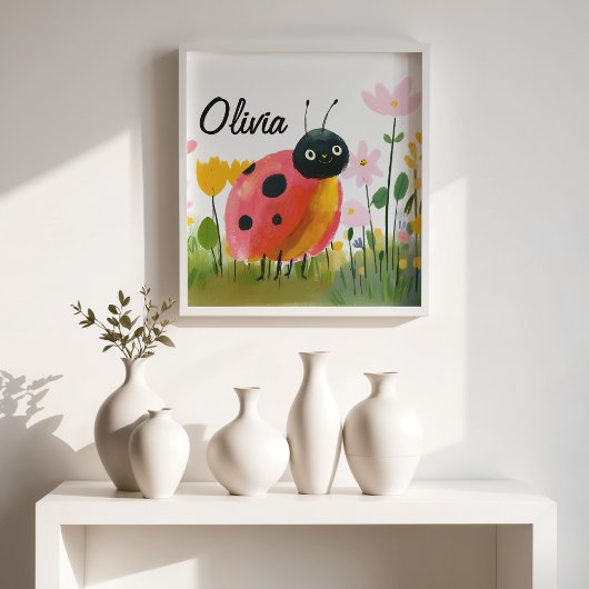 Cute Ladybug Wildflowers Girl's Name ポスター