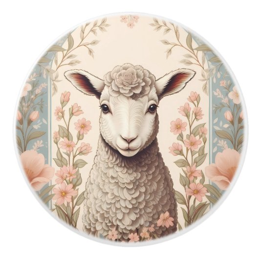 Cute Lamb Delicate Pastel Floral セラミックノブ (正面)