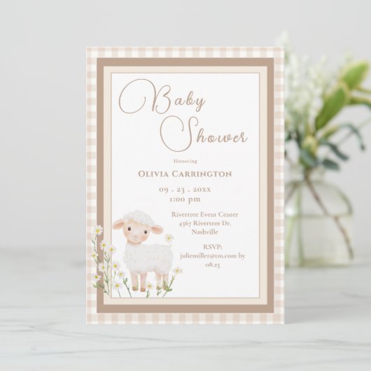 Cute Lamb Gingham Vintage Baby Shower Invitation 招待状 (スタンド正面)