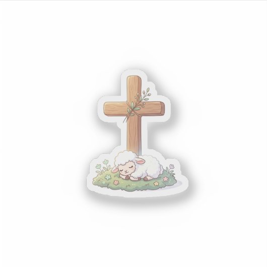 Cute Lamb of God & Cross Religious Easter Sticker シール (正面)
