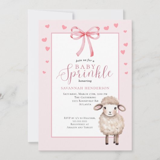 Cute Lamb Pink Bow Baby Sprinkle Shower  招待状 (正面)