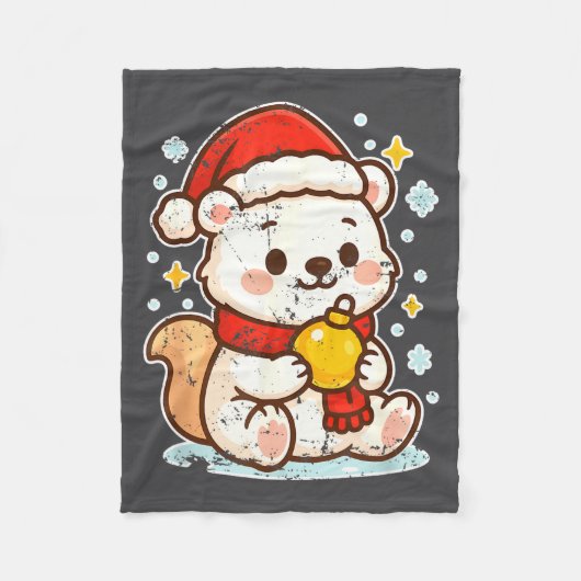 Cute Lar Bear Winter With Santa Hat フリースブランケット (正面)