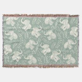 Cute Laughing Elephants in Cream and Sage Green スローブランケット