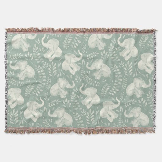 Cute Laughing Elephants in Cream and Sage Green スローブランケット (正面)