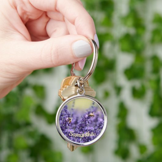 Cute Lavender Flowers Bees With Name キーホルダー (手)