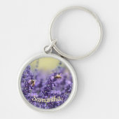 Cute Lavender Flowers Bees With Name キーホルダー (正面)