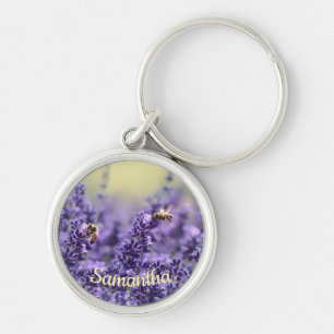 Cute Lavender Flowers Bees With Name キーホルダー