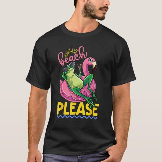 Cute Lazy Frog Pink Flamingo Beach Please Summer V Tシャツ (正面)