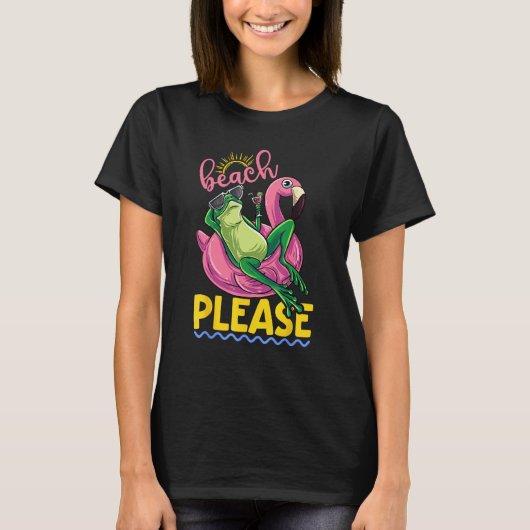 Cute Lazy Frog Pink Flamingo Beach Please Summer V Tシャツ (正面)
