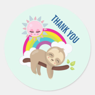 Cute Lazy Sloth with Sun & Rainbow Thank ラウンドシール