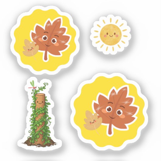 Cute Leaf, Sun and Climbing Plant Pun Sticker Set シール (正面)