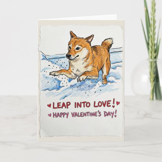 Cute "Leap Into Love" Shiba Inu Valentine's Day カード (正面)