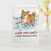 Cute "Leap Into Love" Shiba Inu Valentine's Day カード (黄色い花)