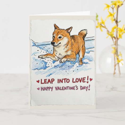 Cute "Leap Into Love" Shiba Inu Valentine's Day  カード (黄色い花)