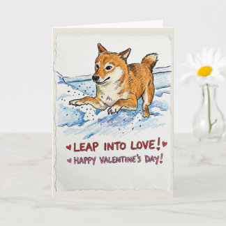 Cute "Leap Into Love" Shiba Inu Valentine's Day  カード