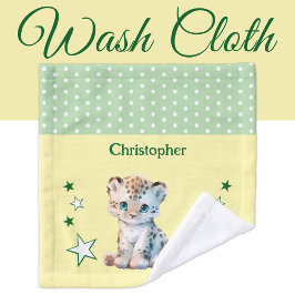 Cute leopard add name polka dots stars green ウォッシュタオル