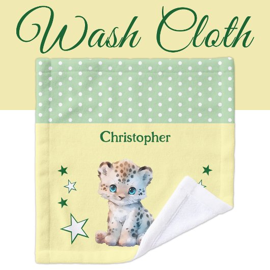 Cute leopard add name polka dots stars green ウォッシュタオル