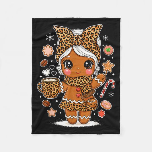 Cute Leopard Gingerbread Girl Coquette Bow Holiday フリースブランケット (正面)