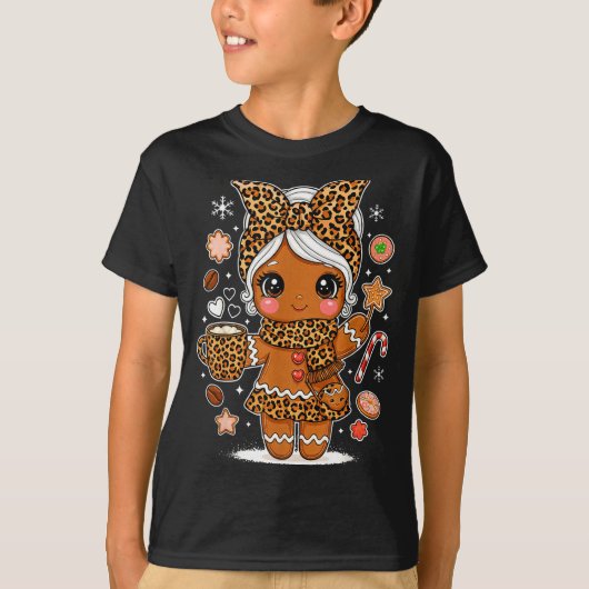 Cute Leopard Gingerbread Girl Coquette Bow Holiday Tシャツ (正面)