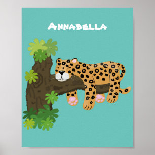 Cute leopard sleeping in tree cartoon illustration ポスター