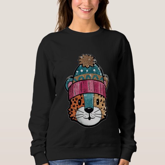 Cute Leopard Winter Hat Adorable Cartoon スウェットシャツ (正面)