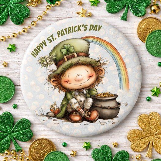 Cute Leprechaun With Pot of Gold and Rainbow 缶バッジ