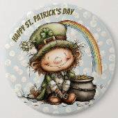 Cute Leprechaun With Pot of Gold and Rainbow 缶バッジ (正面)