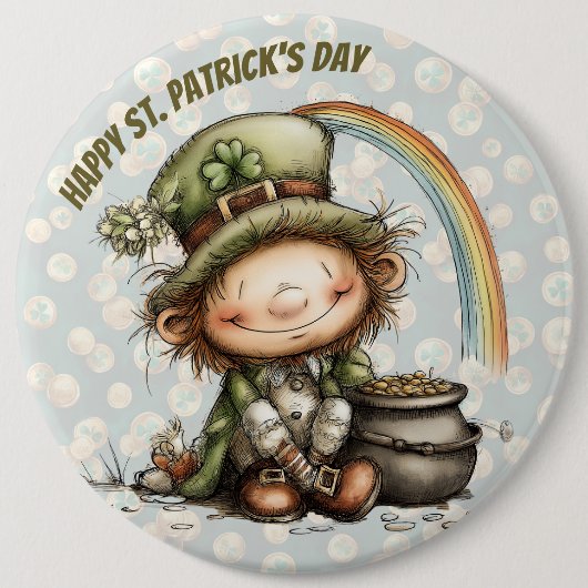 Cute Leprechaun With Pot of Gold and Rainbow 缶バッジ (正面)