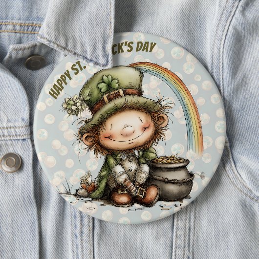 Cute Leprechaun With Pot of Gold and Rainbow 缶バッジ (インサイチュ)