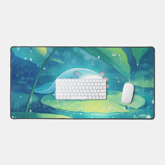 Cute Light Blue Axolotl Rainy Lily Pond デスクマット (キーボード&マウス)