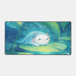 Cute Light Blue Axolotl Rainy Lily Pond デスクマット