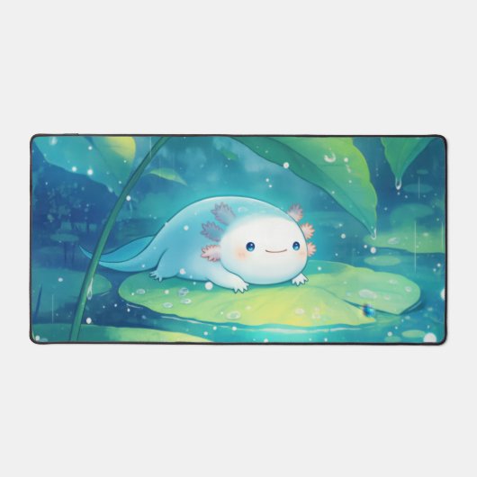 Cute Light Blue Axolotl Rainy Lily Pond デスクマット (正面)
