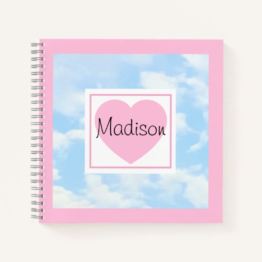 Cute Light Blue Cloudy Sky Pink Heart Custom Name ノートブック (正面)