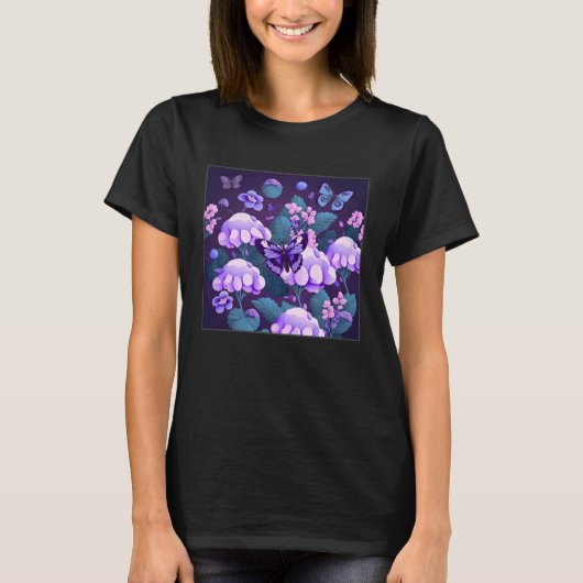 Cute Lilac Flower Butterfly Illustration Tree Wome Tシャツ (正面)