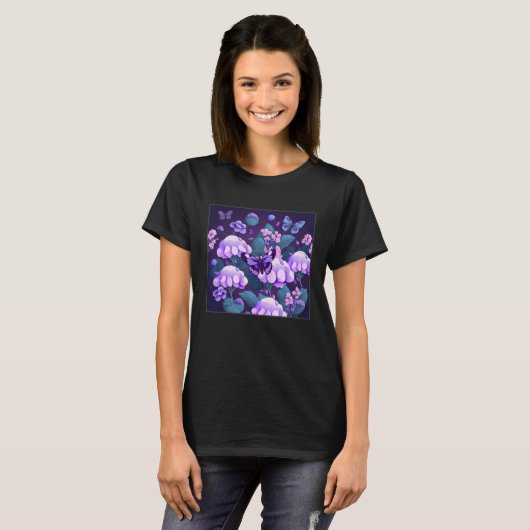 Cute Lilac Flower Butterfly Illustration Tree Wome Tシャツ (正面フル)