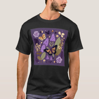 Cute Lilac Flower Butterfly Illustration Tree Wome Tシャツ