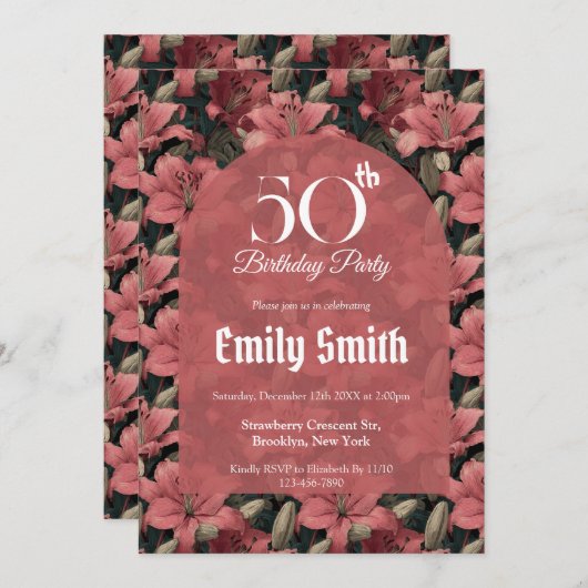 Cute Lilies Aesthetic Birthday Celebration 招待状 (正面/裏面)