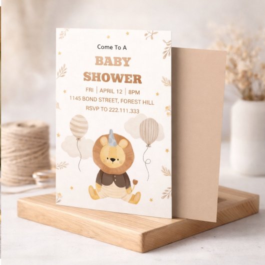 Cute Lion Baby Shower Invitation | Neutral Safari  招待状