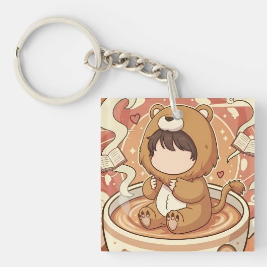 Cute Lion Boy Drinking Coffee キーホルダー (正面)