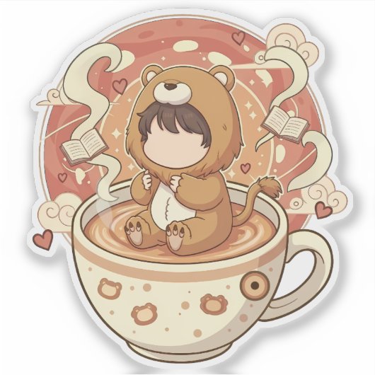 Cute Lion Boy Drinking Coffee シール (正面)